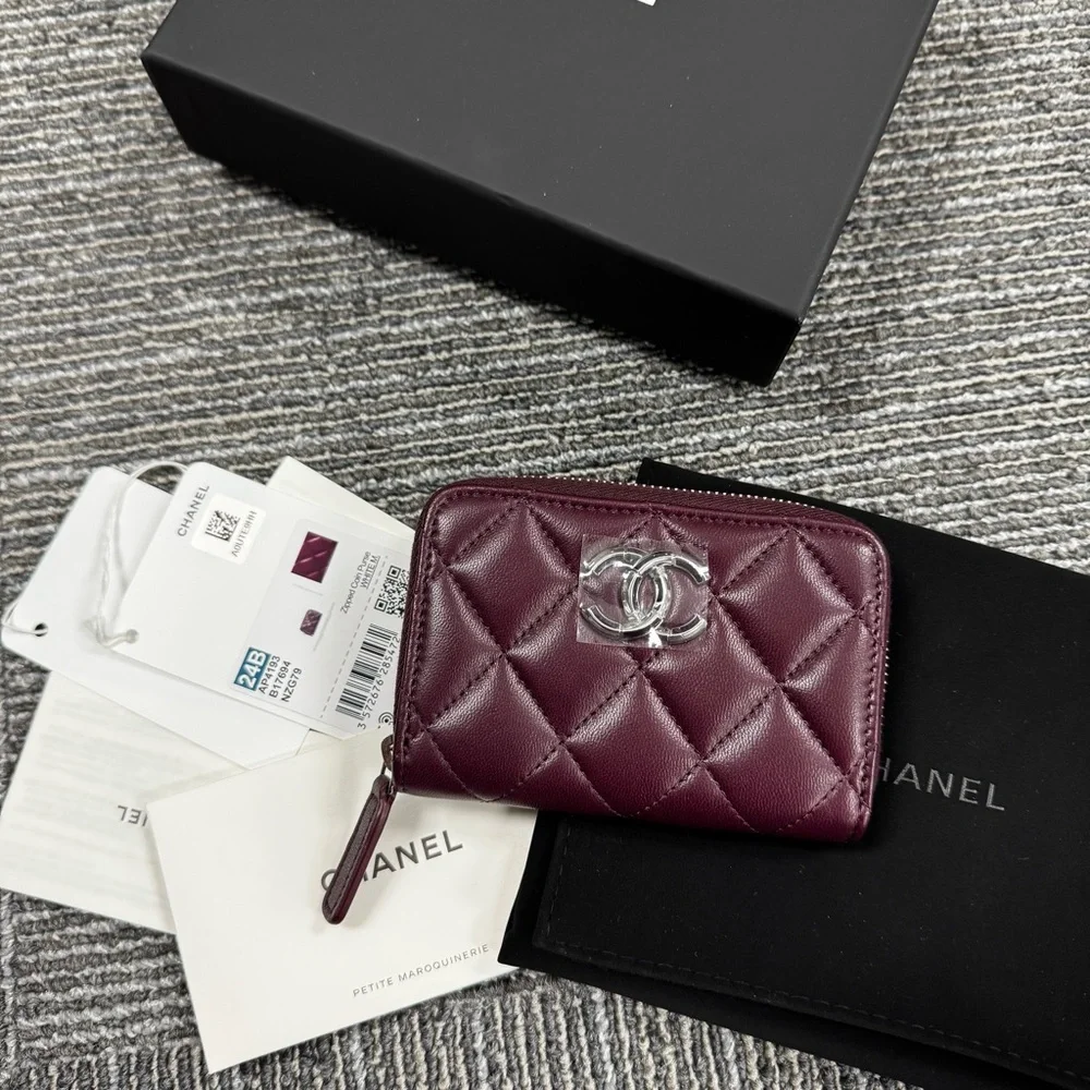 Chanel Dark Burgundy Quilted Wallet Coin Purse with Zip around  CC logo